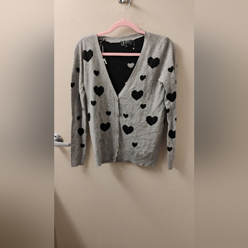 NWOT POL Womens Black Gray Heart Pattern Cardigan Cotton Sweater Sz S